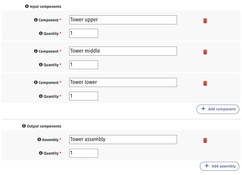 Example input component quantities for an assembly task