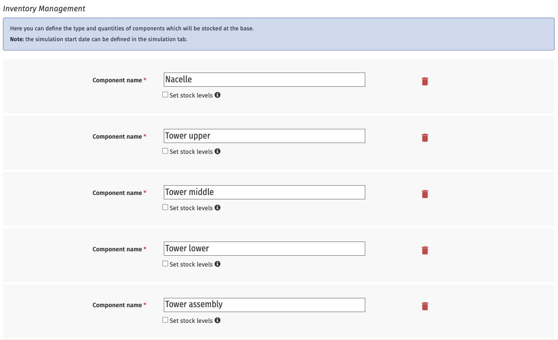 The inventory management component creation screen