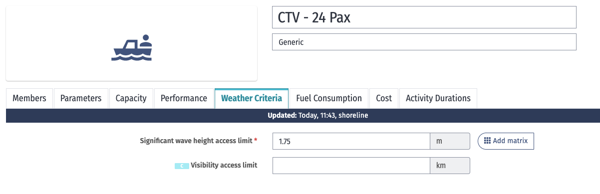 The weather criteria tab of a logistic