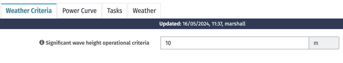 The weather criteria tab on a WTG asset