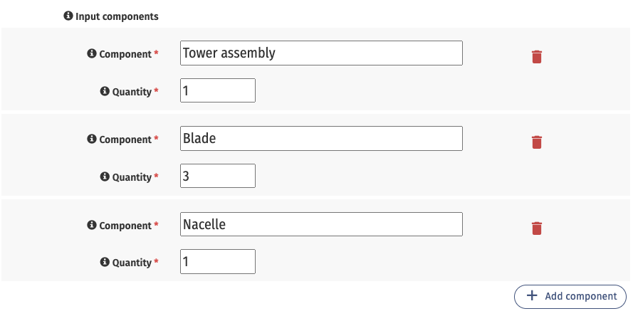 Example input component quantities for an installation task