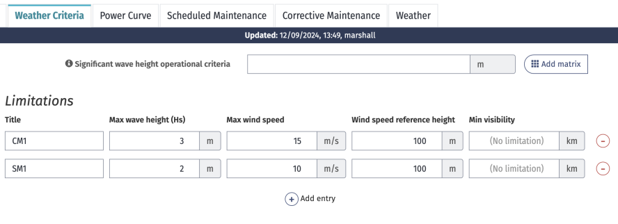 The weather criteria tab on a WTG in O&amp;M with weather limitations set