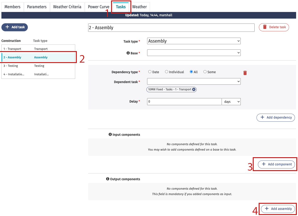 The asset tasks components inputs