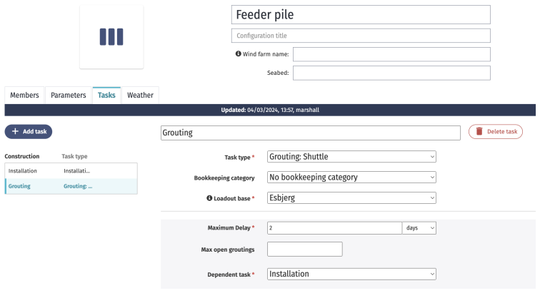 Grouting task inputs