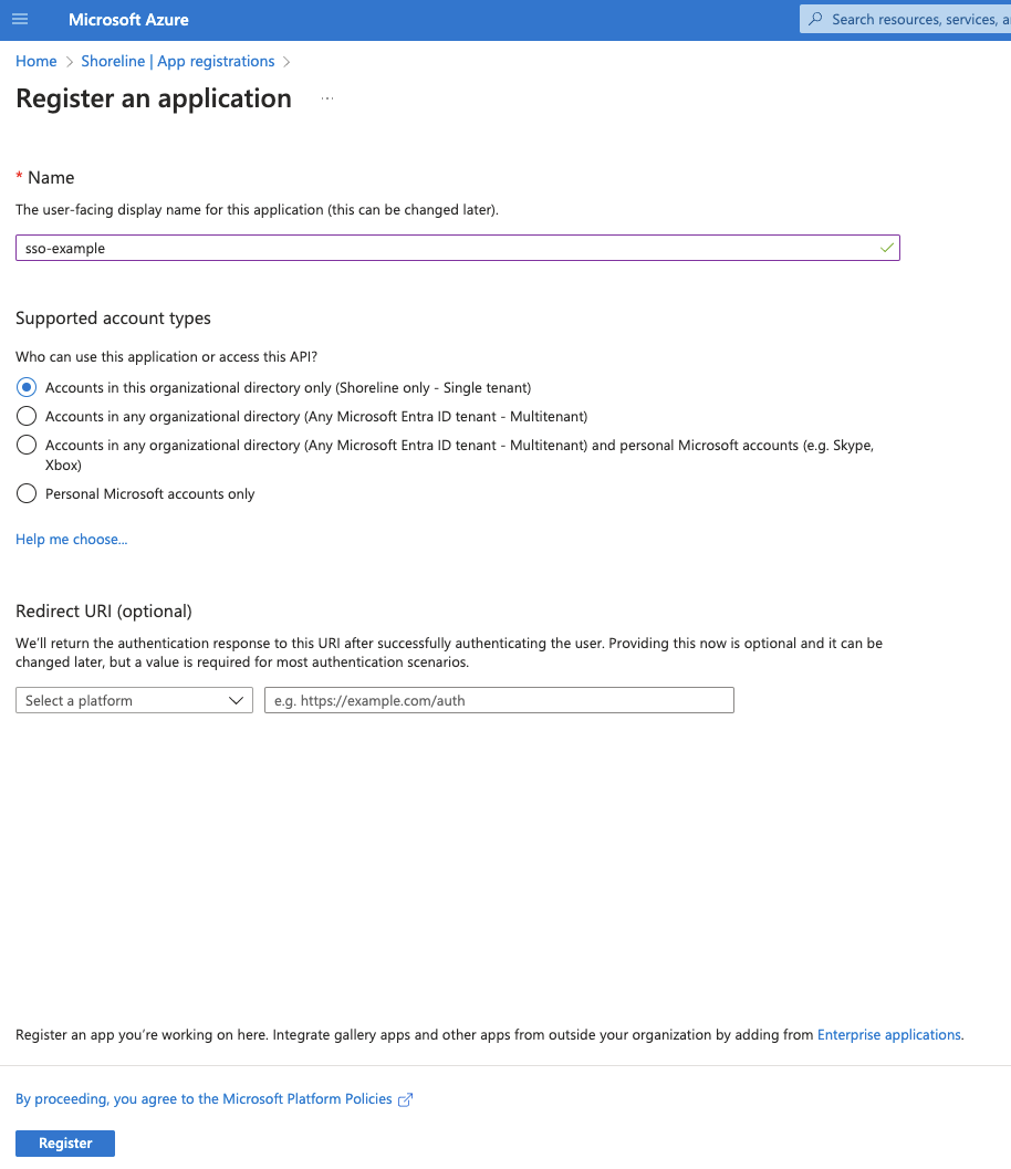 The Entra ID screen to register a new app