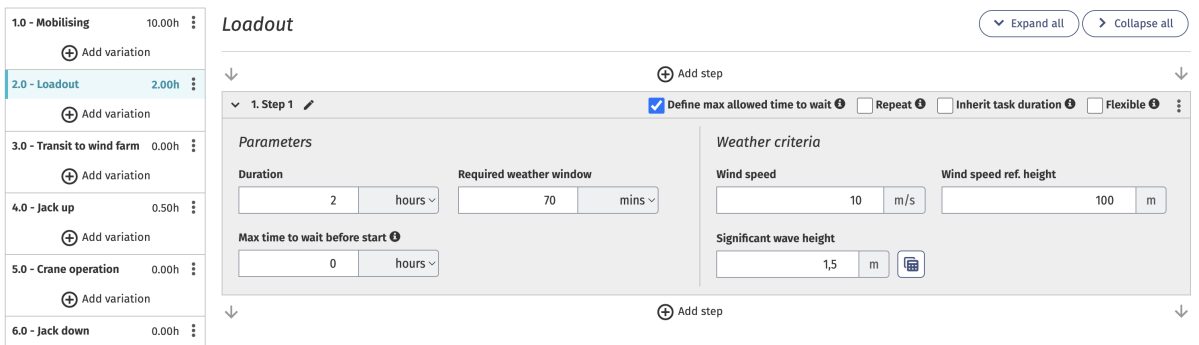 Weather criteria set on a process step