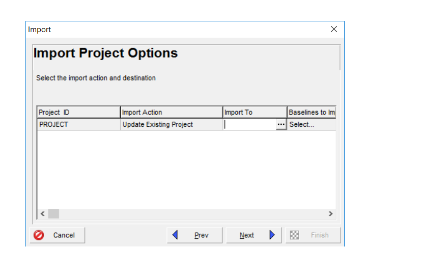 The project import options