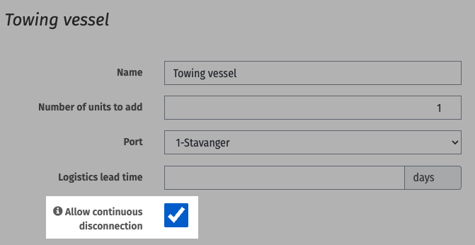 The Allow continuous disconnection checkbox on a towing vessel