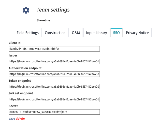 The Entra ID values in the Shoreline Design team settings